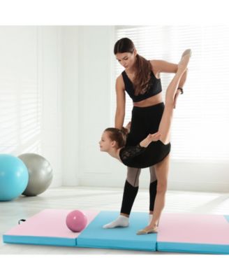 Folding Gymnastics Mat with Carry Handles and Sweatproof Detachable PU Leather Cover-Blue