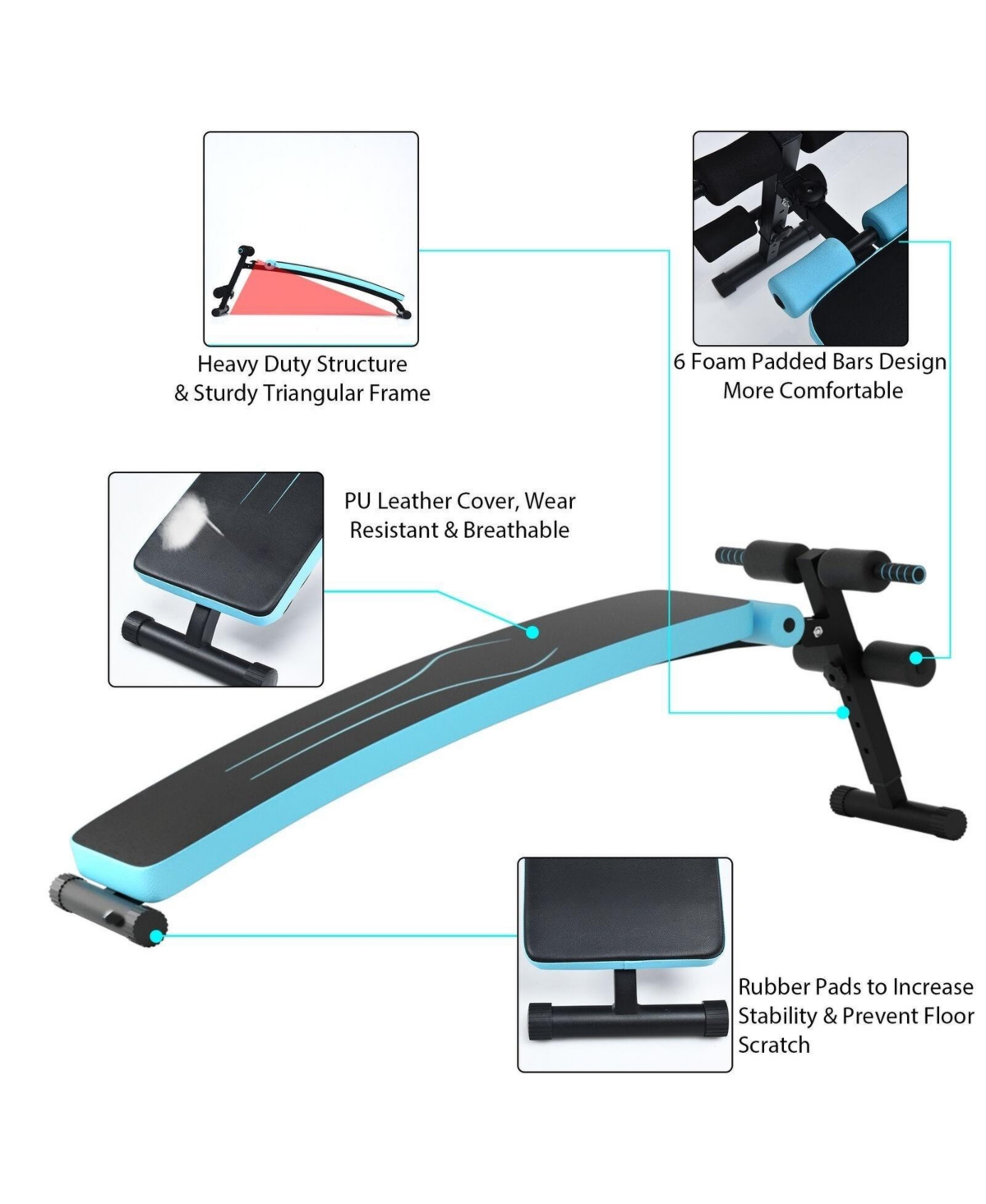 Vebreda Folding Weight Bench Adjustable Sit-up Board Workout Slant Bench- Blue