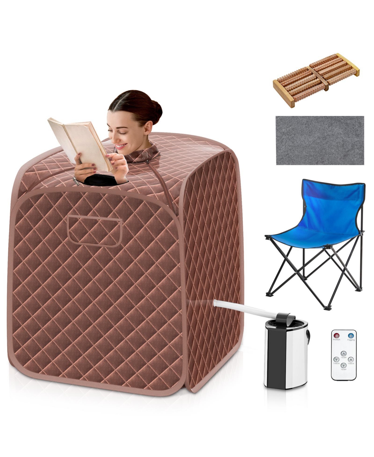 Portable Personal Steam Sauna Spa with Steamer Chair-Coffee - Brown