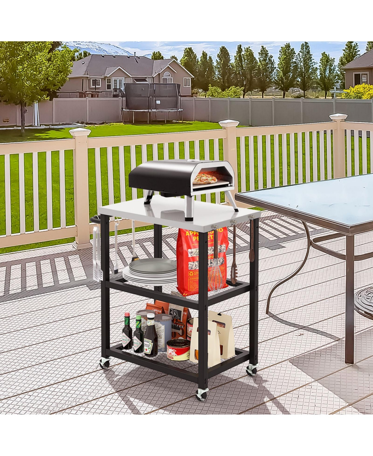 Sugift 3-Tier Foldable Outdoor Stainless Steel Food Prepare Dining Cart Table on Wheels