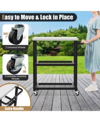 3-Tier Foldable Outdoor Stainless Steel Food Prepare Dining Cart Table on Wheels