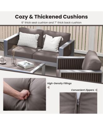 4 PCS Aluminum Patio Furniture Set with Thick Cushions & Tempered Glass Tabletop