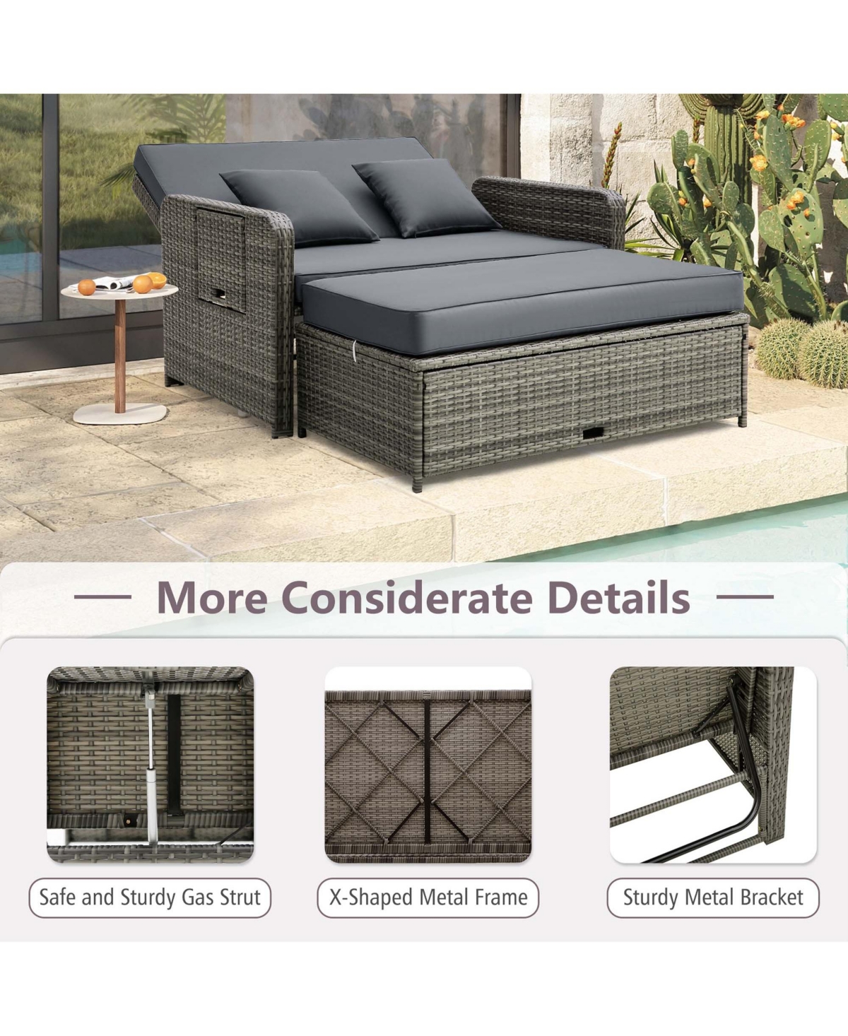 Wicker Loveseat Sofa Set Patio Rattan Daybed with Ottoman & Retractable Side Tray