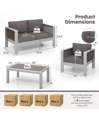 4 PCS Aluminum Patio Furniture Set with Thick Cushions & Tempered Glass Tabletop