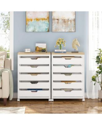 5-Drawer Wood Storage Cabinet with Wheels – Industrial Organizer Cart for Office, Bedroom, Entryway