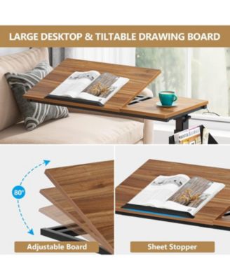 Height Adjustable C Shaped End Table with Wheels and Side Pocket, Mobile Sofa Snack Table with Tiltable Drawing Board for Couch Bed