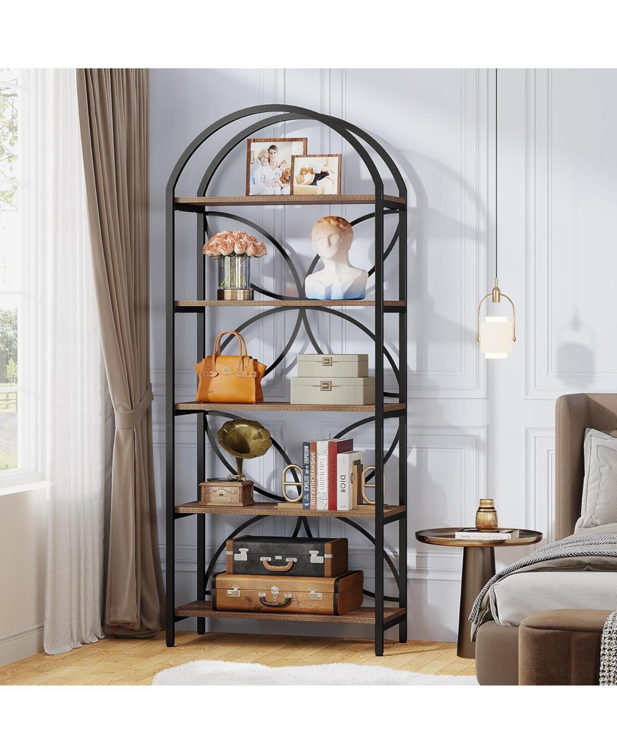 Tribesigns 5-Tier Bookshelf, 75 Inch Tall Arched Bookcase Shelf Storage Organizer, Industrial Book Rack With Metal Frame, Open Standing Display Rack f