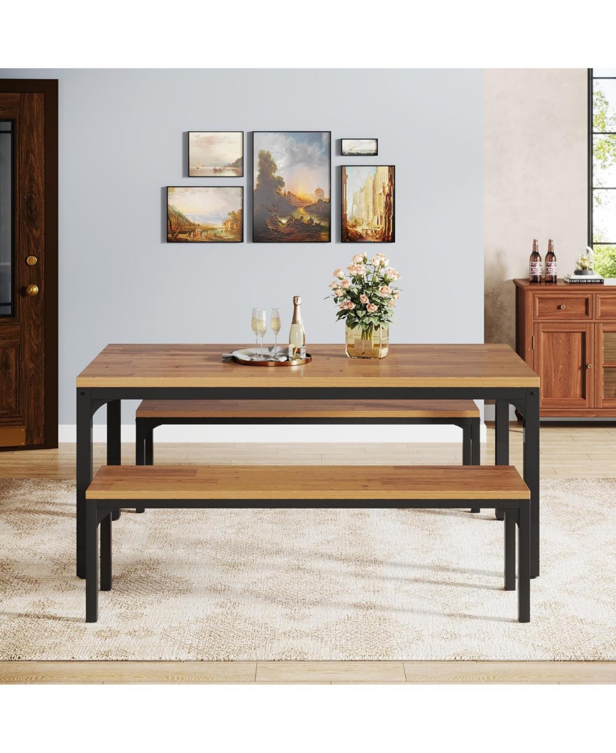 Tribesigns Dining Table Set for 6 People, 3 Pieces Rectangular Kitchen Table with 2 Benches, 55 Inches Large Wooden Kitchen Table Set for Small Space