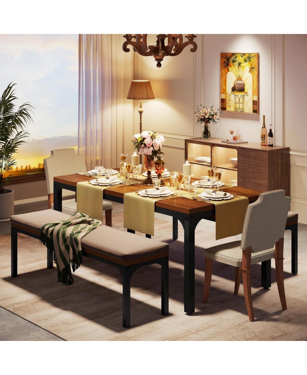 Tribesigns Dining Table Set for 6 People, 3 Pieces Rectangular Kitchen Table with 2 Benches, 55 Inches Large Wooden Kitchen Table Set for Small Space
