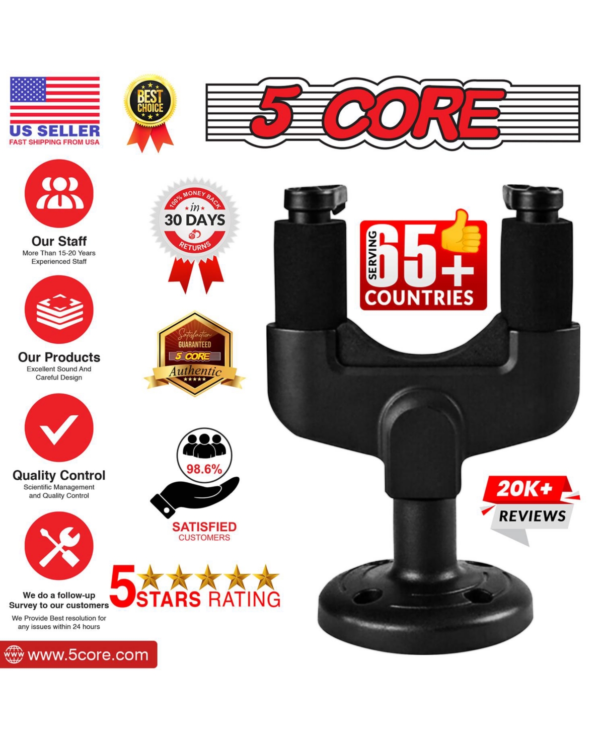 5 Core Guitar Wall Mount Hangers Adjustable Rotatable Display Wall Hook Holder w Soft Padding - 1PC