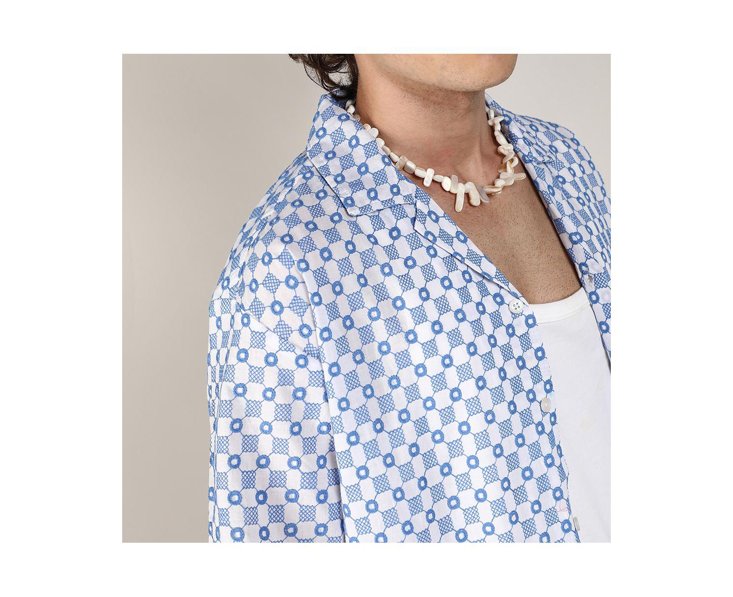 Men's Chalk White & Prussian Blue Embroidered Checkered Shirt