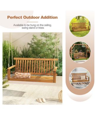 2-Seat Porch Swing Bench Acacia Wood Chair with 2 Hanging Hemp Ropes for Backyard