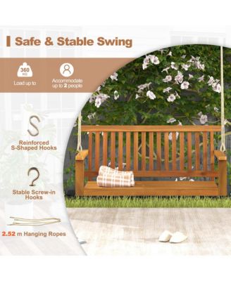 2-Seat Porch Swing Bench Acacia Wood Chair with 2 Hanging Hemp Ropes for Backyard