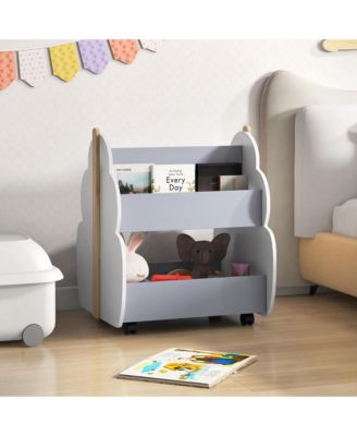Kids Wooden Bookshelf with Wheels 2-Tier Toy Storage Shelf Double-sided Bookcase