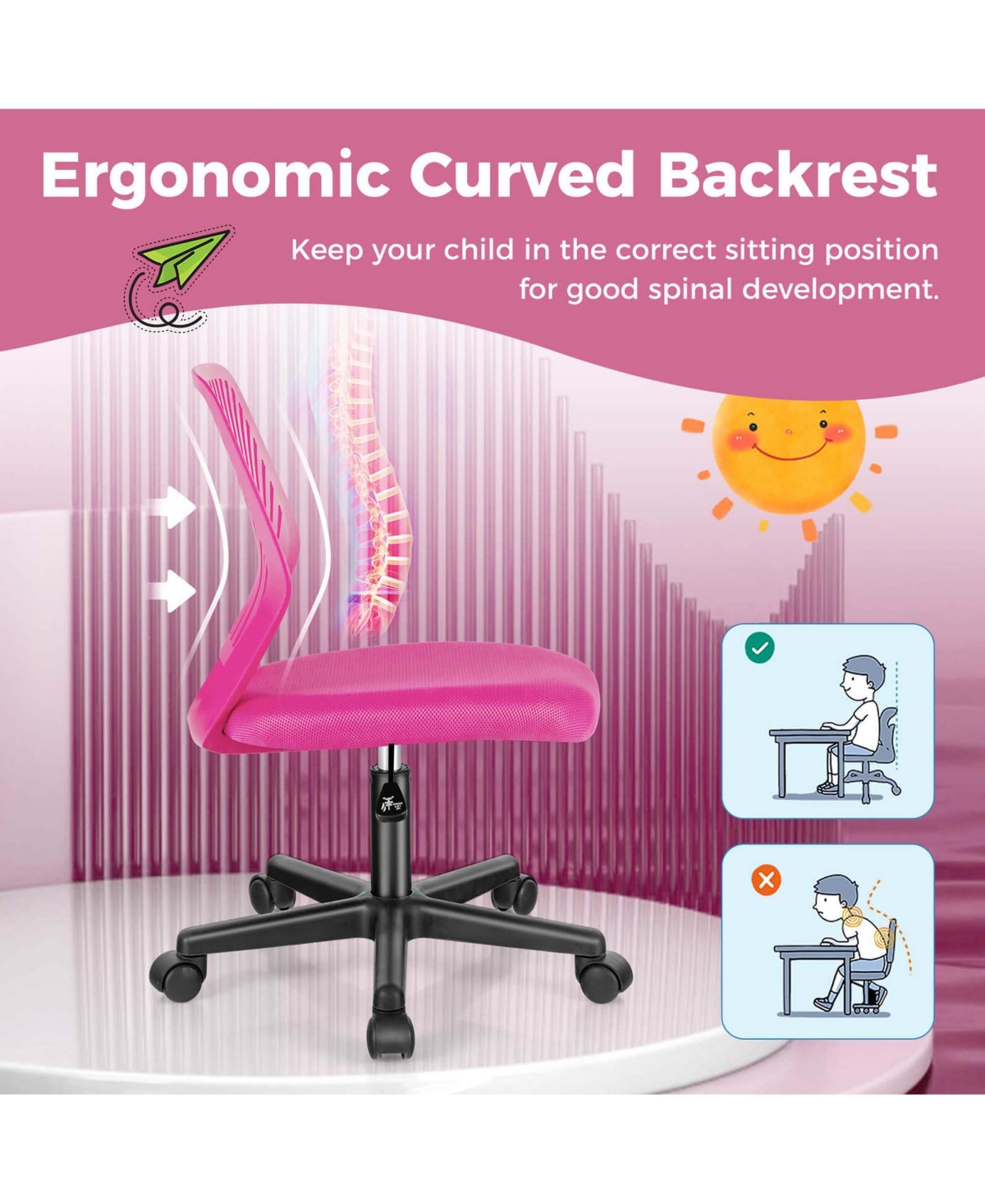 Height-adjustable Ergonomic Kids Desk Chair with Universal Casters Working