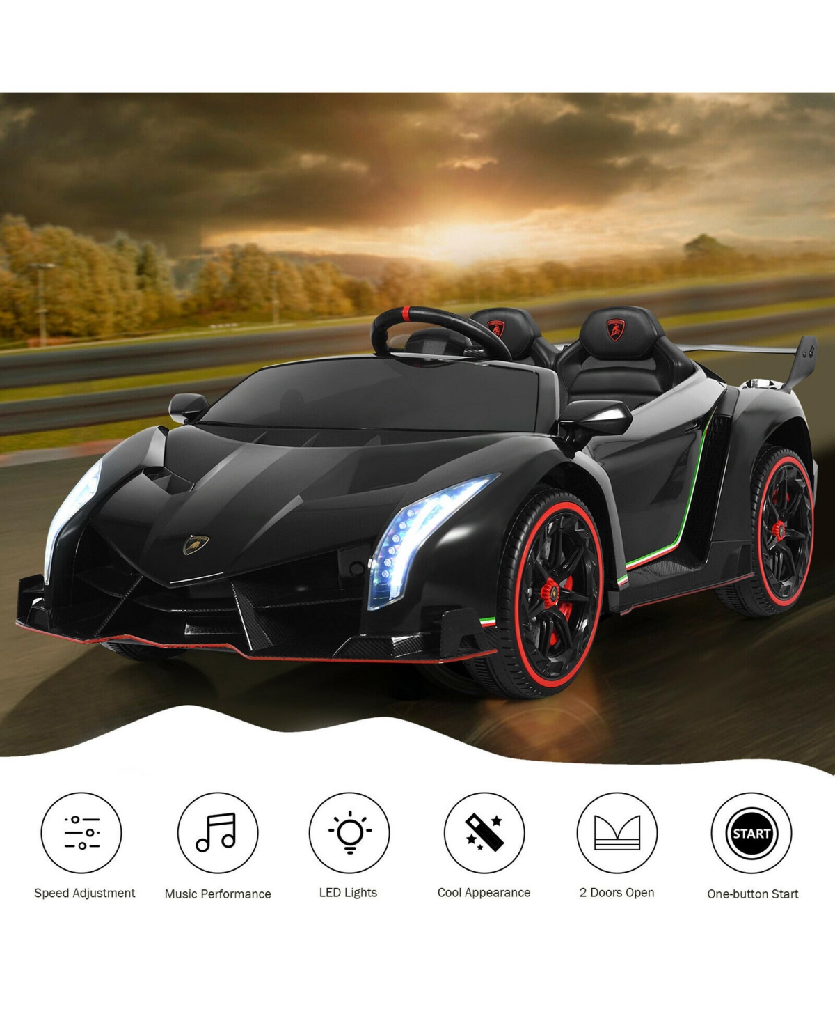 Gymax 12V 2-Seater Licensed Lamborghini Kids Ride On Car w/ Rc & Swing Function Green - Black+red