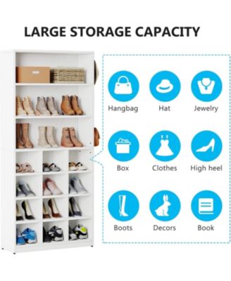 Shoe Cabinet, 24 Pair Freestanding Shoe Rack Storage Organizer with Side Hooks, Modern Shoe Storage Cabinet with Shelves