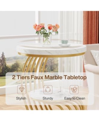 Round End Table: 2 Tiers Faux Marble Side Table with Storage Shelf, Bedside Nightstand, Metal Arc-Shaped Frame Accent Table