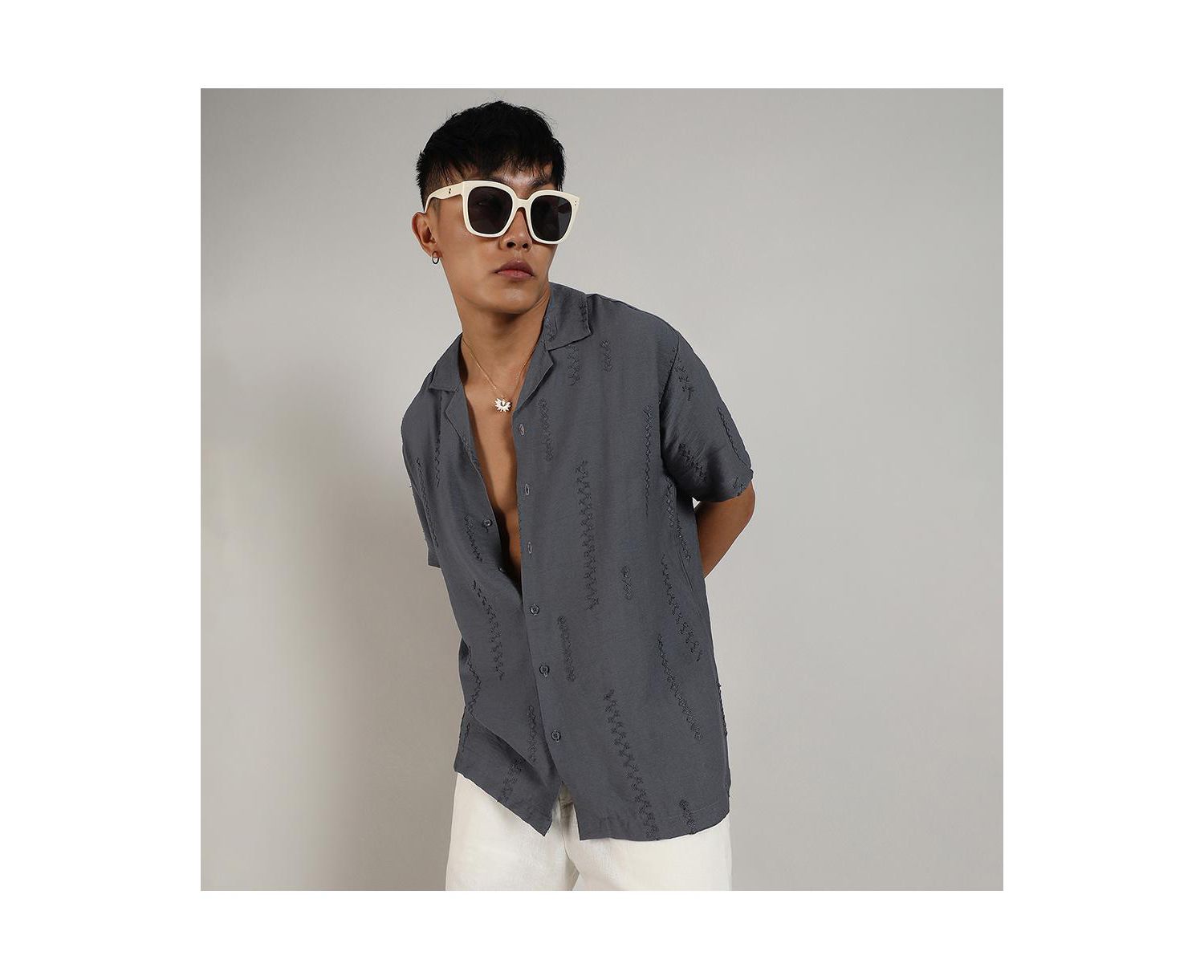 Men's Ash Grey Embroidered Twist Shirt