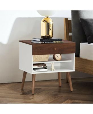 Mid-Century Nightstand with Drawer and Rubber Wood Legs