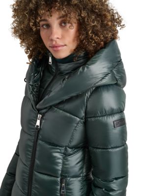Women's Bibbed Shawl-Collar Packable Shine Puffer Coat
