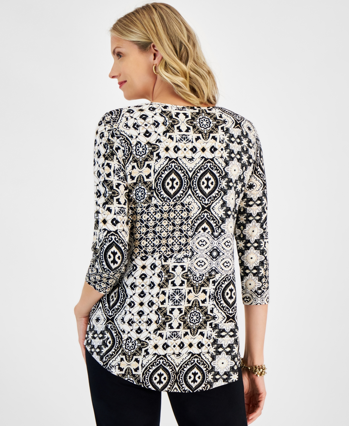 JM COLLECTION PETITE REGAL TILES 3/4-SLEEVE TOP, CREATED FOR MACY'S 