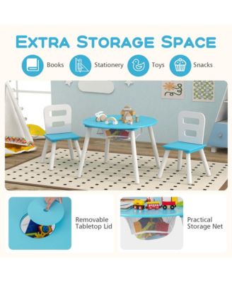 Kids Wooden Round Table & 2 Chair Set w/ Center Mesh Storage
