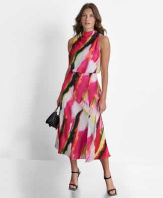 DKNY - Women's Marbled-Print Draped-Neck Sleeveless Dress