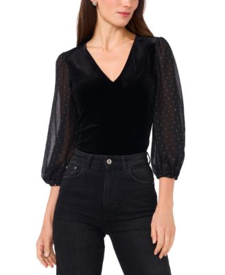 Vince Camuto Women&rsquo;s Velvet V-Neck Sheer-Sleeve Top - Macy&rsquo;s