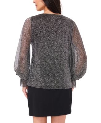 Women's Metallic V-Neck Sheer-Sleeve Top