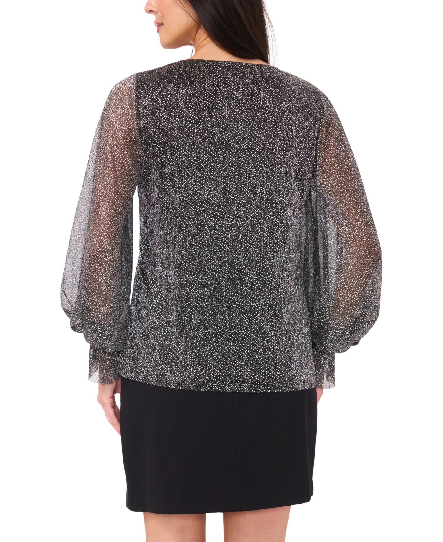 Women's Metallic V-Neck Sheer-Sleeve Top