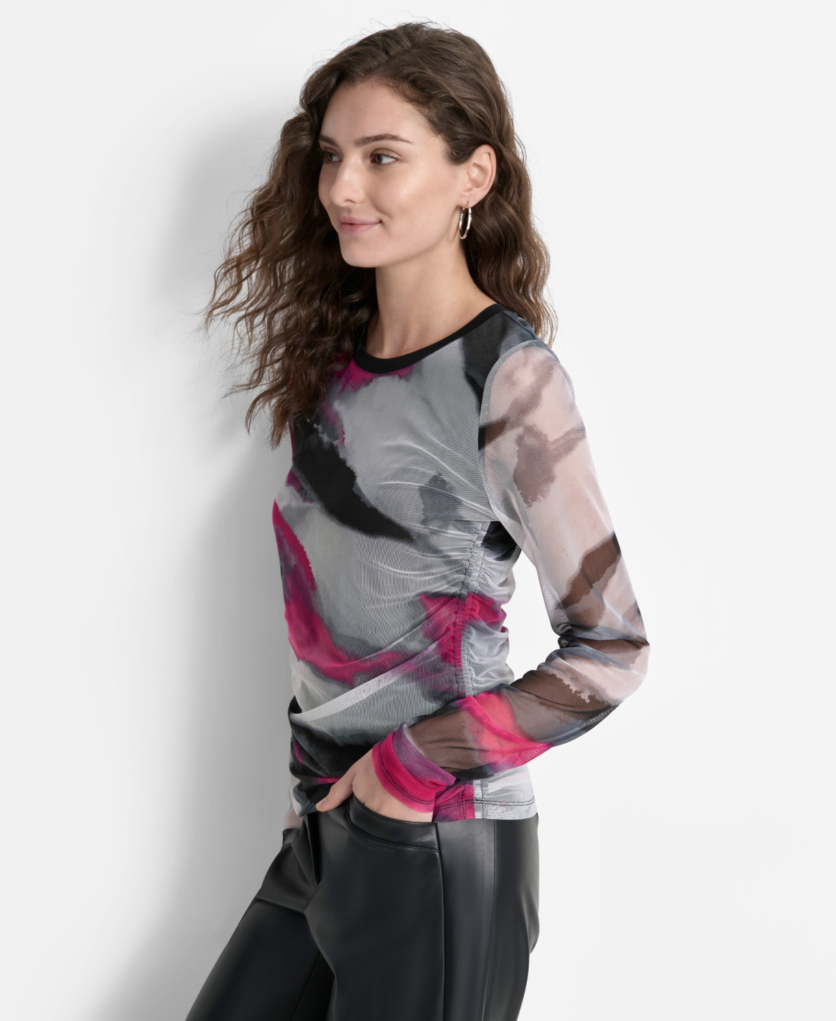 Dkny Women's Printed-Mesh Ruched-Side Long-Sleeve Top