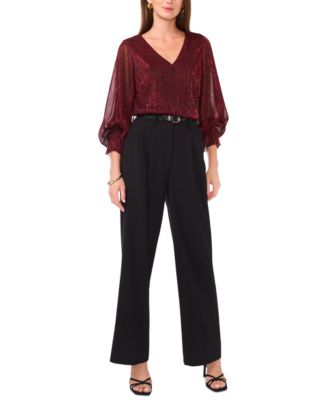 Women's Metallic V-Neck Sheer-Sleeve Top