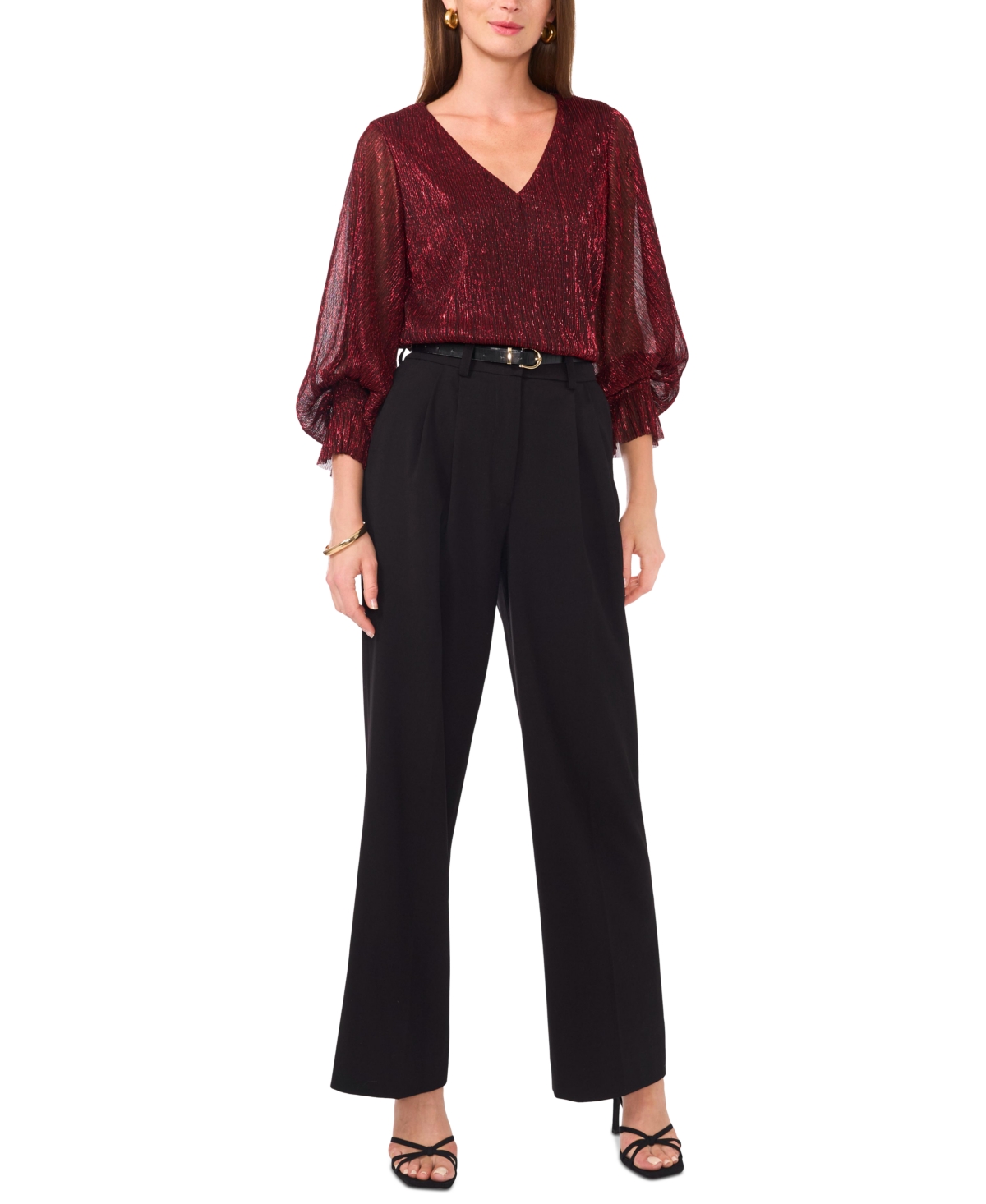 Vince Camuto Confetti Ready Womens Metallic Sheer Blouse In Ultra Red