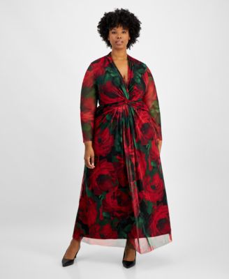 Anne Klein - Plus Size Rose-Print Twist-Front Maxi Dress