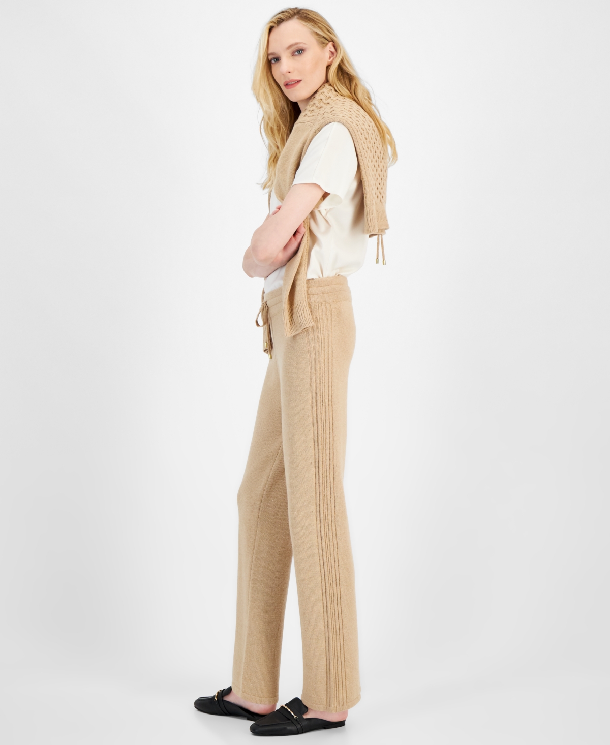 Anne Klein Rib Wide Leg Pants In Latte