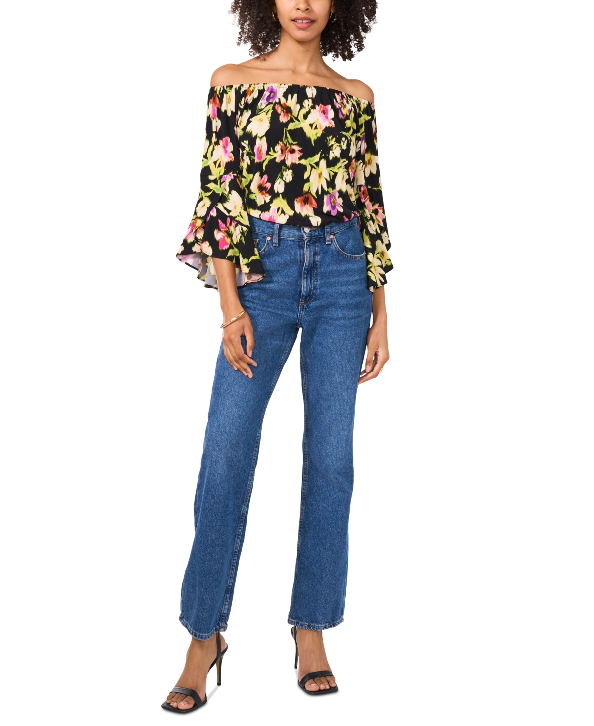 VINCE CAMUTO WOMEN'S PRINTED OFF-THE-SHOULDER FLUTTER-SLEEVE TOP 