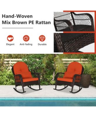 Patio Rattan Rocking Chair with Seat Back Cushions and Waist Pillow
