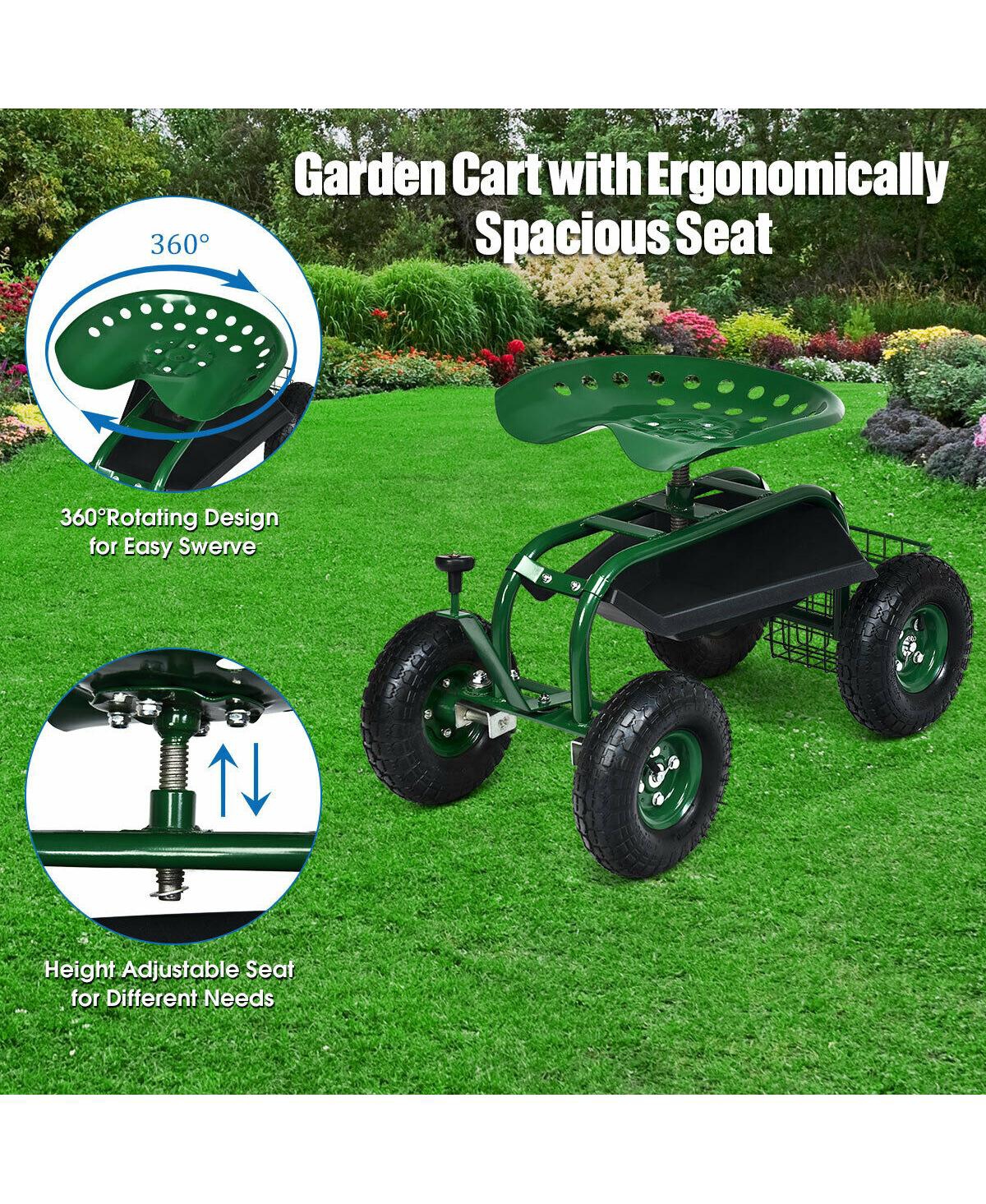 Sugift 4-Wheel Rolling Garden Cart Work Seat