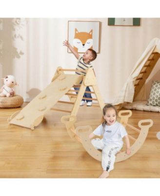 2-in-1 Wooden Kids Climber Toys with Triangle Arch Ramp