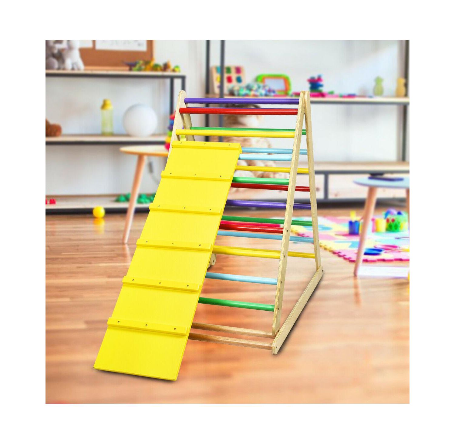 Foldable Wooden Triangle Climber with Reversible Ramp and Non-Toxic Finish for Toddlers Play