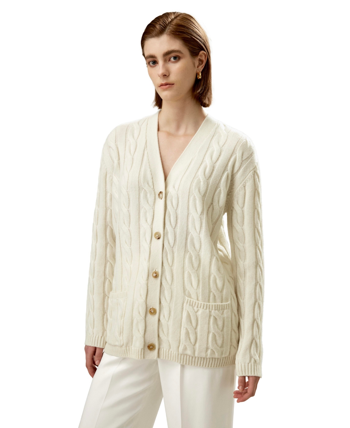 Women's Oversized Cable Weave Wool Cardigan - White
