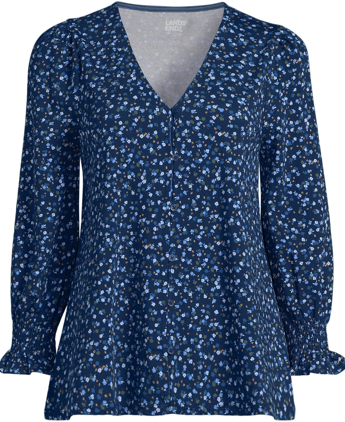Lands' End Women's Petite 3/4 Sleeve Lightweight Jersey Button Front Top -blue ditsy bloom