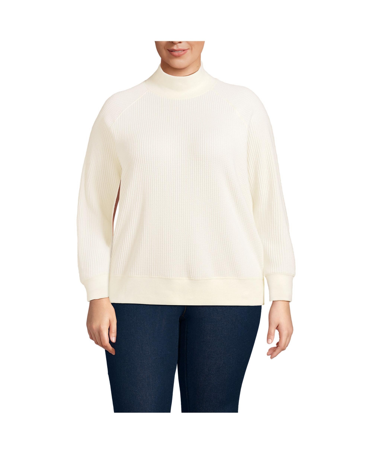 Plus Size Waffle Relaxed Long Sleeve Mock Neck Pullover - Coriander