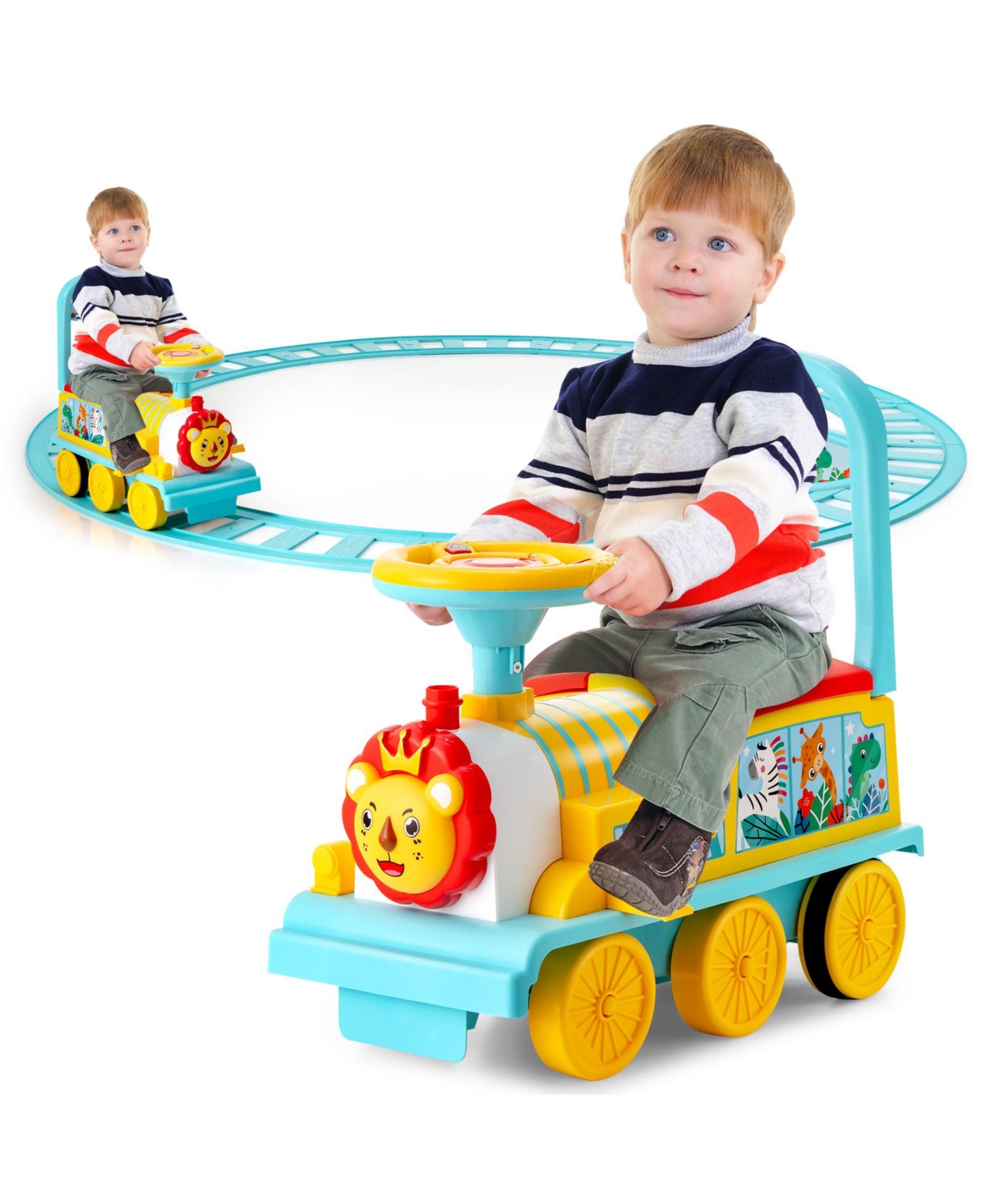 Gymax 6V Electric Kids Ride On Train Motorized Train Toy w/ Track & 6 Wheels Green - Blue+red+yellow