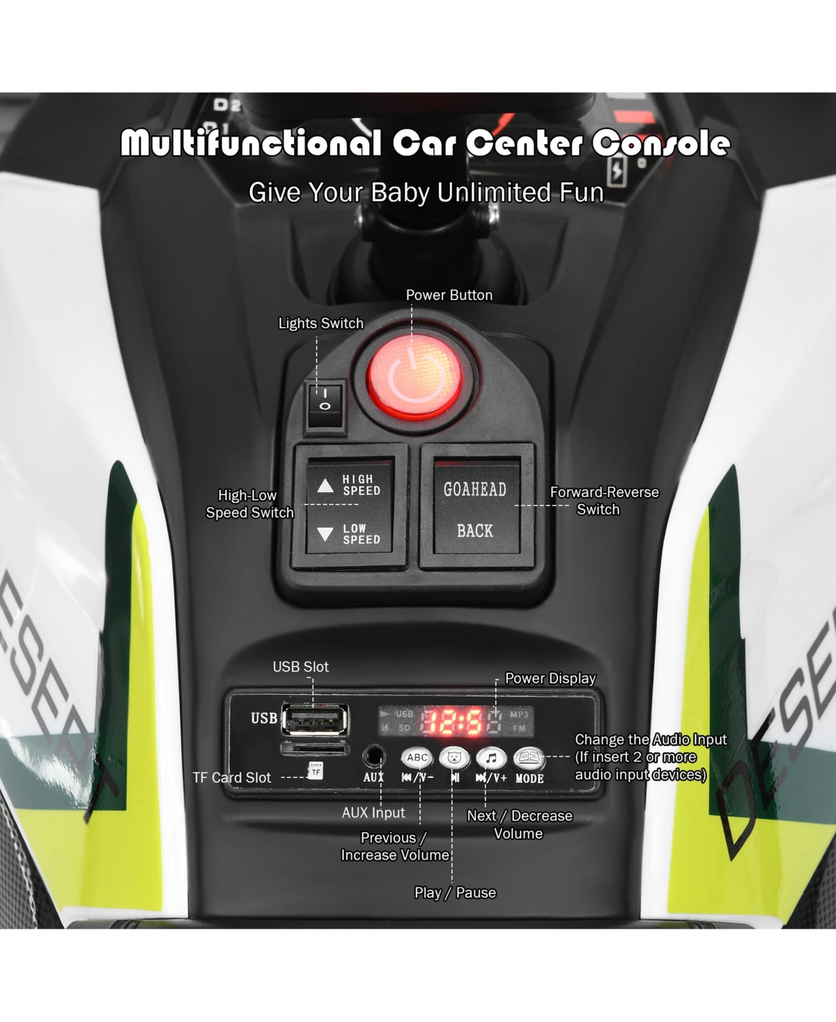 Gymax 12V Electric Kids Ride On Car Atv 4-Wheeler Quad w/ Led Light White - White+black+green