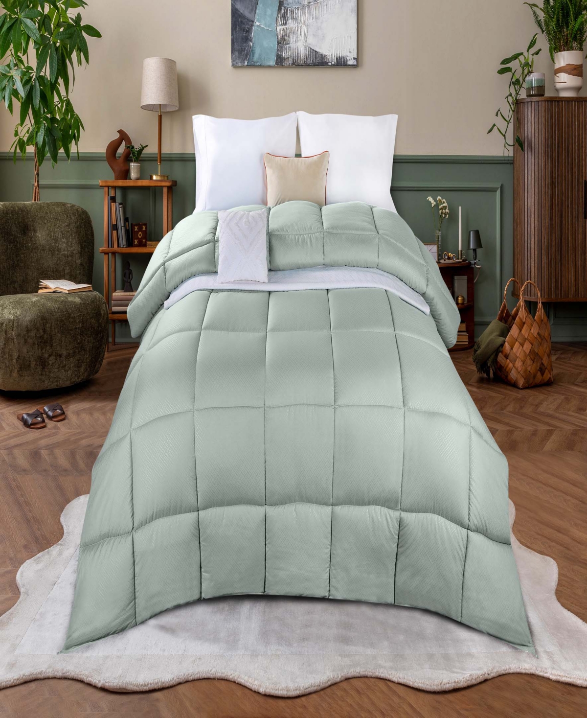 Superior Monochrome Basketweave Plush Microfiber Down Alternative Comforter, Full/queen In Jade