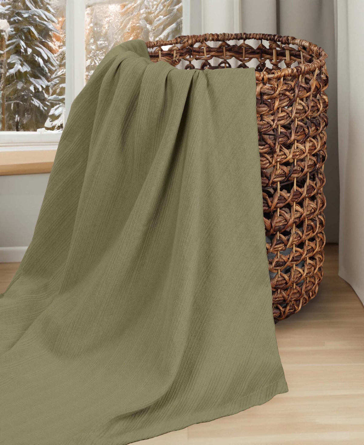 Superior Milan Cotton Jacquard Dobby Weave Textured Striped Lightweight Woven Blanket, California King In Sage