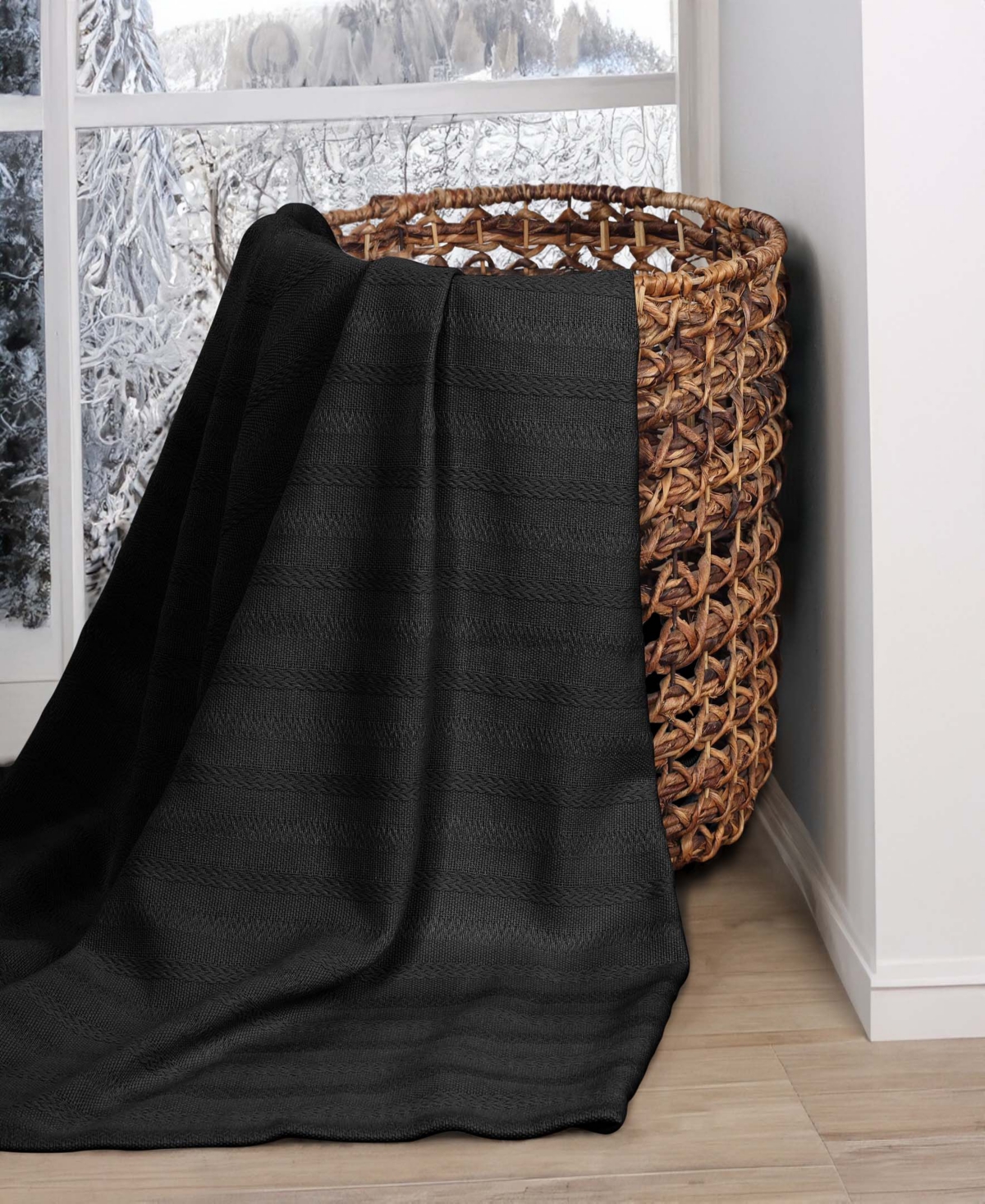 Superior Clara Cotton Textured Striped Lightweight Woven Throw, 50" X 60" In Black
