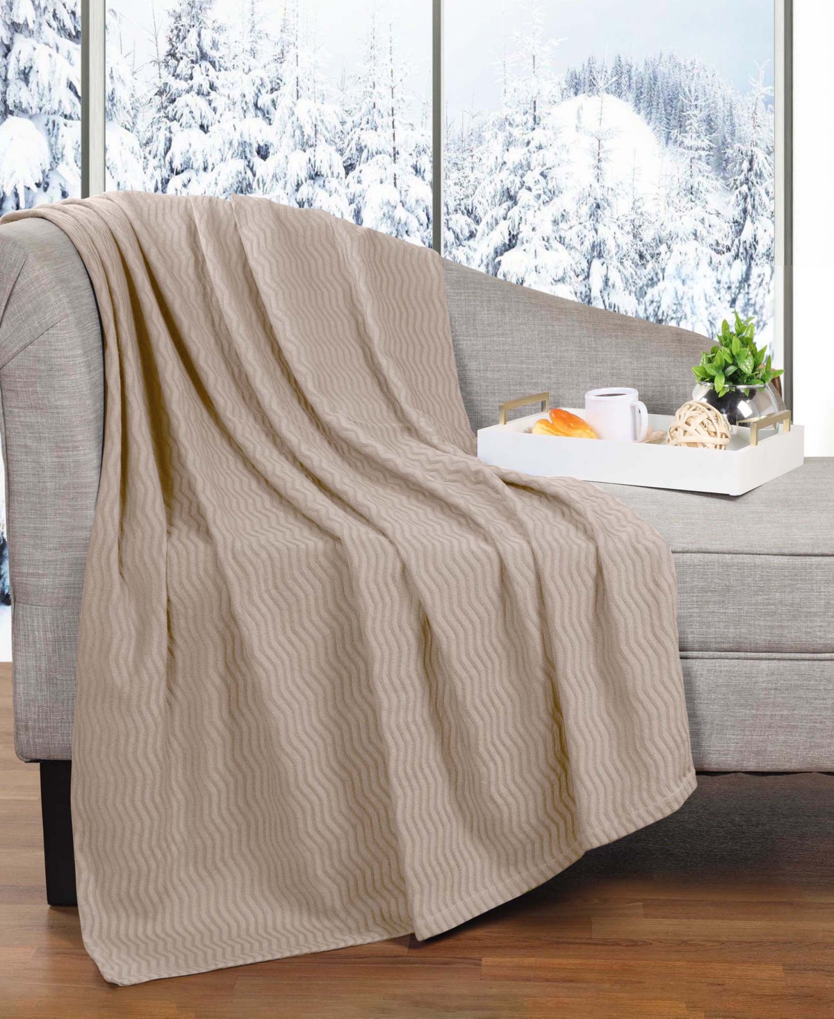 Superior Jena Cotton Textured Chevron Lightweight Woven Throw, 50" X 60" In Khaki